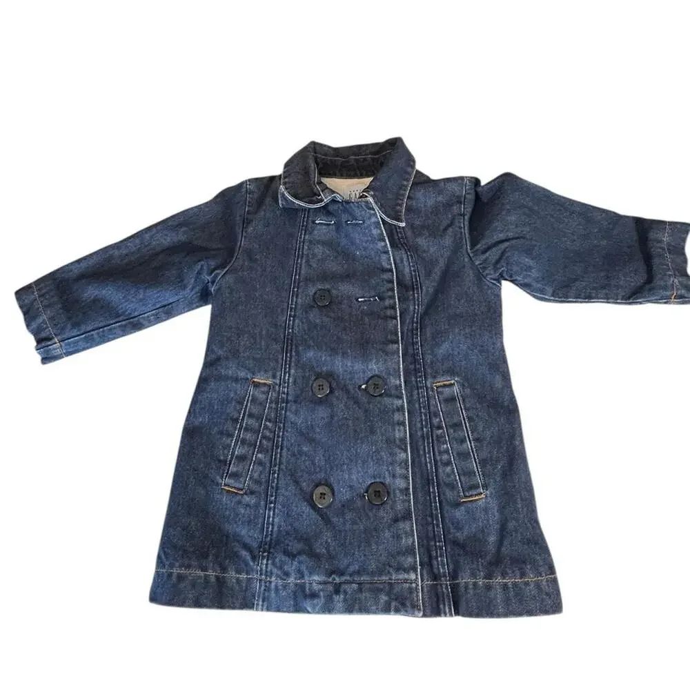 Y2K Baby Gap Denim Peacoat Jacket Double Breasted Blue Jean Coat Toddler‎ 3XL